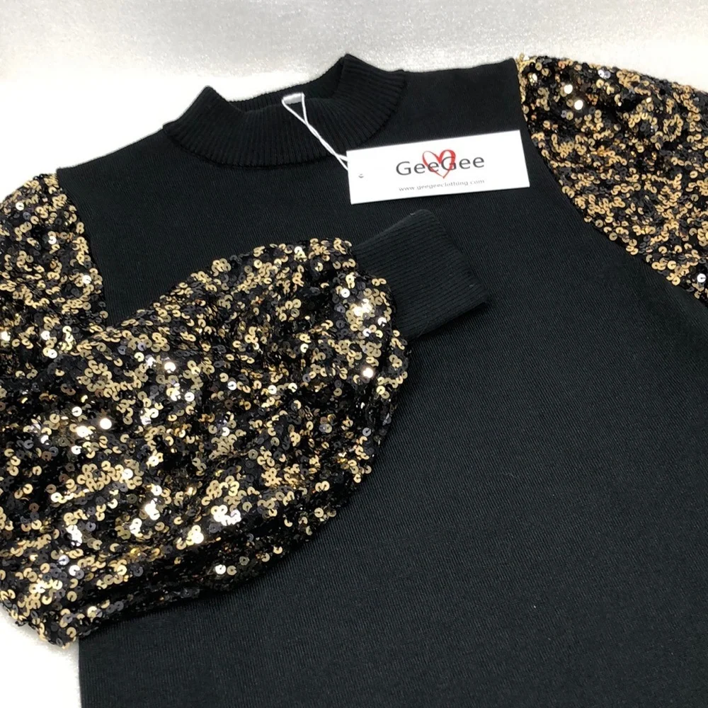 NEW GeeGee Sweater Black Gold Sequins Bubble Puff Sleeves Size Small